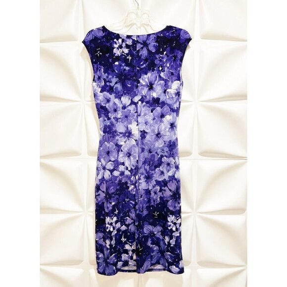 Ralph Lauren Sz 8 Purple Blue Watercolor Floral Print Slinky m Pencil Dress - Picture 3 of 5
